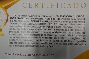 Município de Pérola recebe título de menção Honrosa por Responsabilidade Social 2017